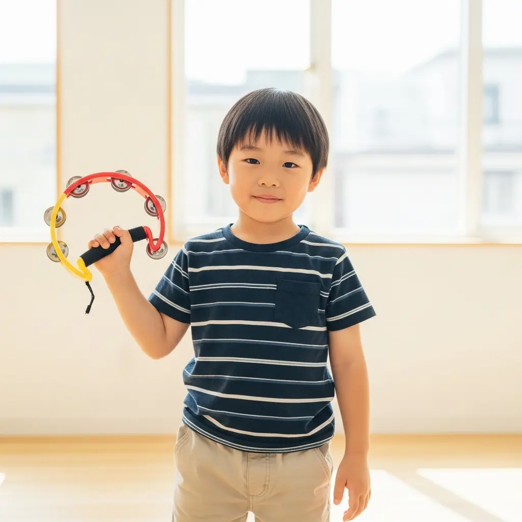 タンバリンを持ってほほえむ男の子