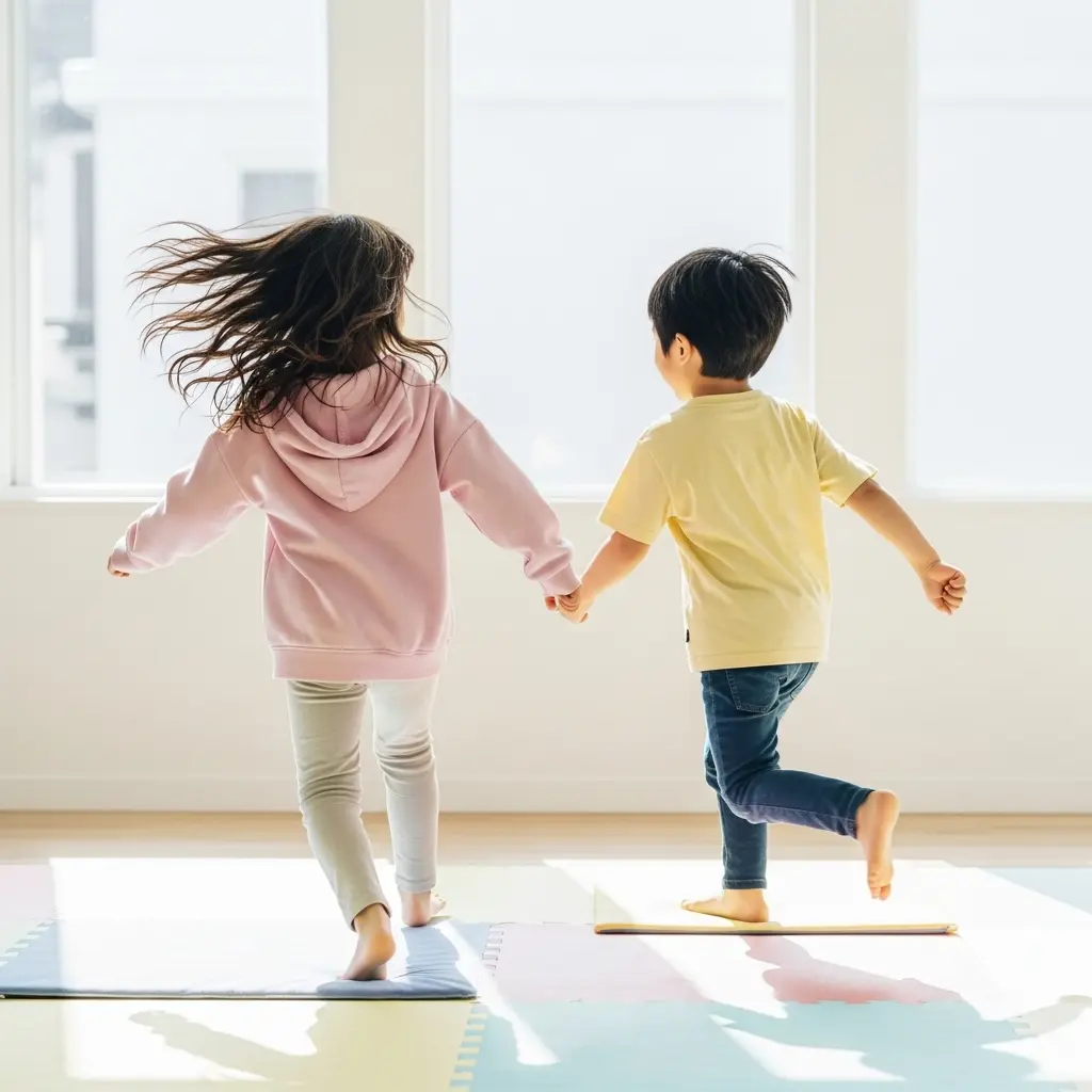 マットの上を走る2人の子ども