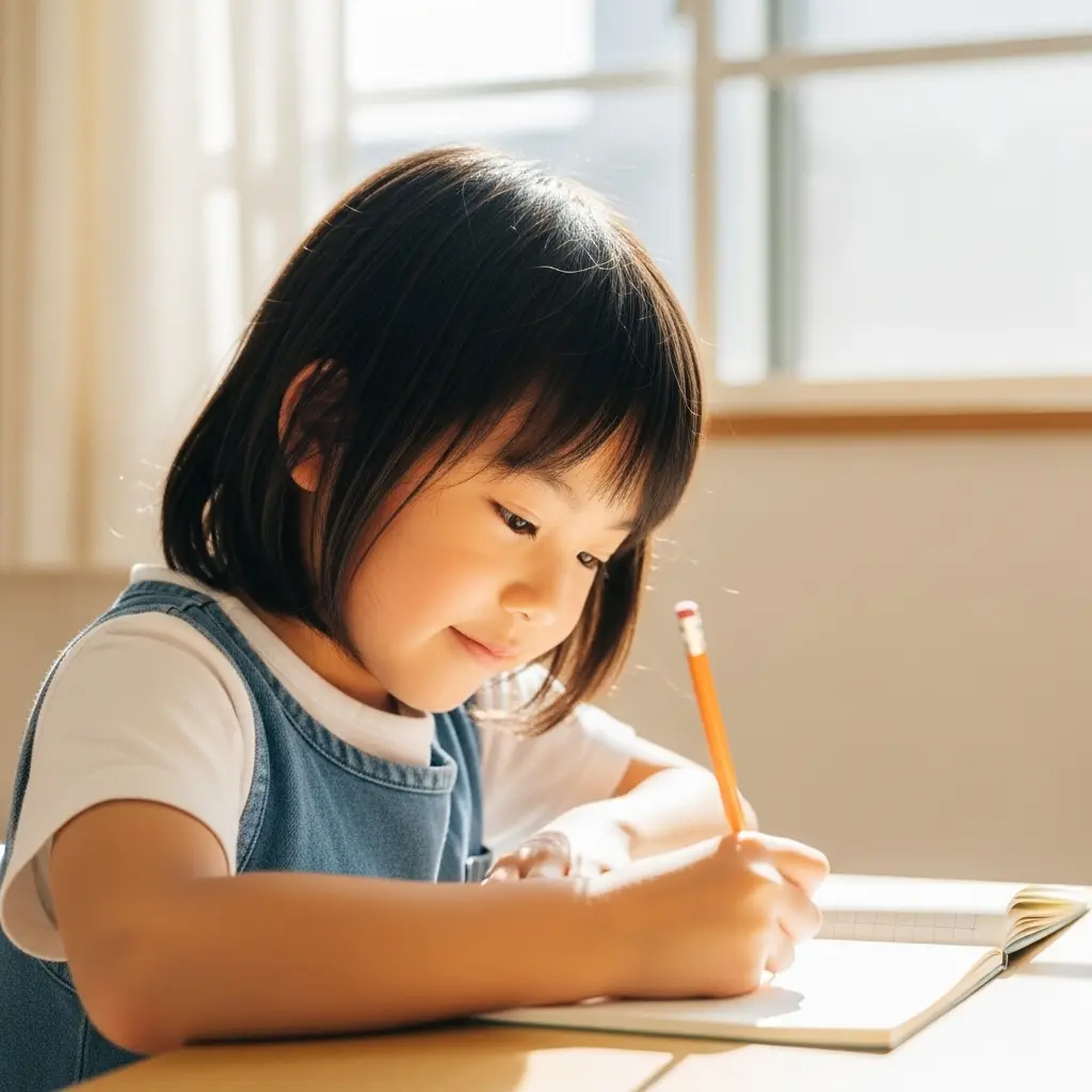 ノートに鉛筆で書き物をする女の子