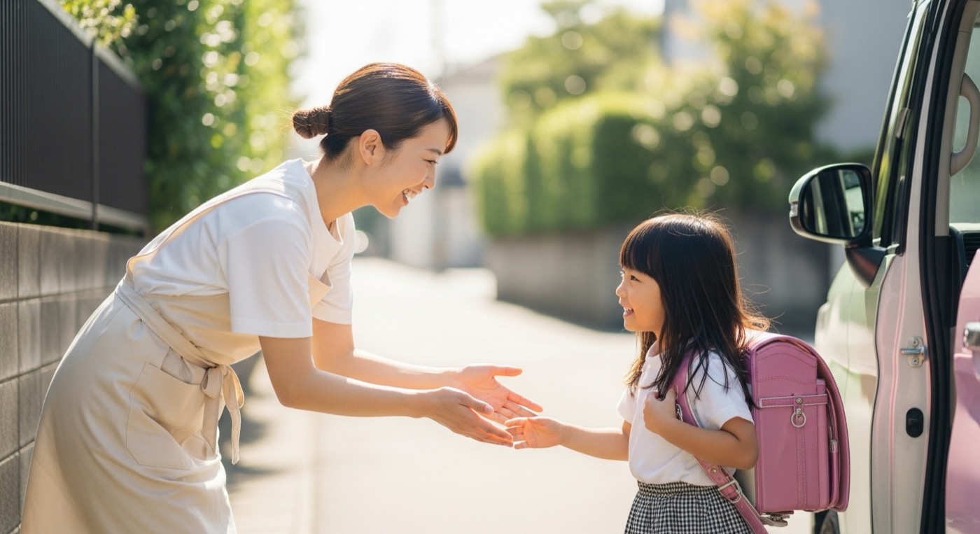送迎でお子さまをあたたかく出迎えるスタッフ