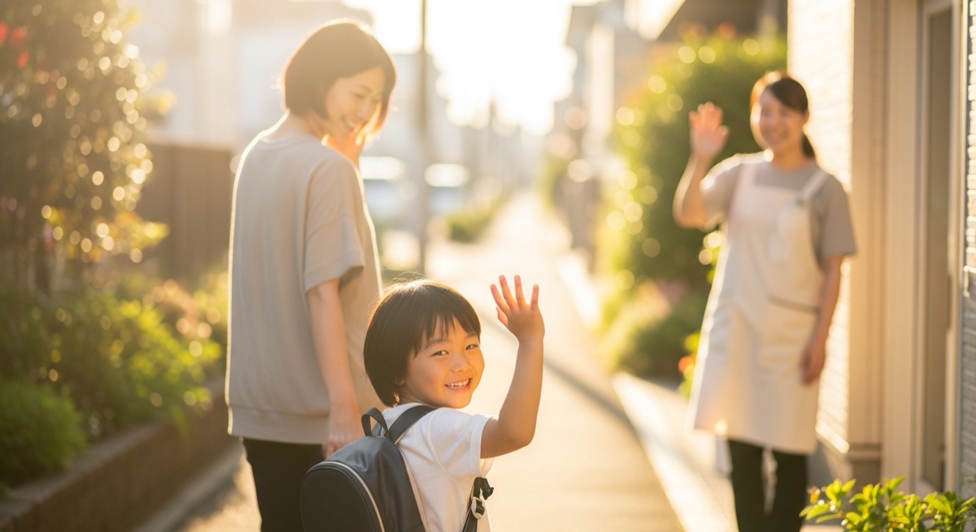 ご家族とスタッフが笑顔で見送るシーン